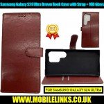 Samsung Galaxy S24 Ultra Brown Book Case with Strap + 10D Tempered Glass